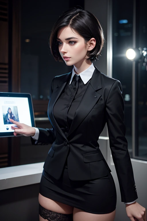 a woman in a black suit, short hair, mini skirt, black stockings, holding a tablet computer, detailed portrait, highly detailed, photorealistic, 8k, masterpiece, (best quality:1.2), (realistic:1.37), elegant, professional, dynamic pose, studio lighting, dramatic lighting, cinematic, beautiful detailed eyes, beautiful detailed lips, extremely detailed face and features, intricate details, hyperrealistic, seamless, no blemishes, refined, high fashion, glamorous, confident, city background, urban setting