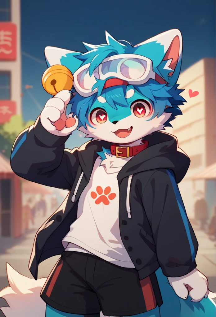  very detailedな, very detailed,Grey fur, blue hair,,male,骨を見てExcited,Heart Eyes,participate,Red collar,Green-white and colored hat , cute face, fluffy fur like one,Excited,Horny boy,City,Smiling face,, fashionable town, wolf fur,Dropped ears,Beautiful city , my mental age is  ,Want, black shorts with blue fur, sweatshirt ,  Long Sleeve ,Trendy, open her mouth , 