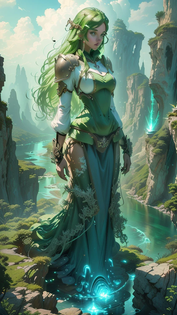 Woman in a green dress standing on a cliff overlooking the river, 4k fantasy art,  Detailed Fantasy Art ,   beautiful fantasy art  , highly  Detailed Fantasy Art , High quality fantasy art,  8k fantasy art ,  Artgerm Julie Bell Beeple ,  detailed fantasy digital art ,  Fantasy Style Art , Mohrbach, peter Mohrbach style, very   beautiful fantasy art  