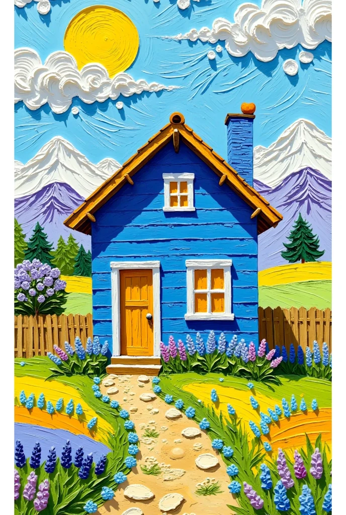 Draw a blue house ， with a door on it and a path leading to it, author：Yi Yinwen, Whimsical Art, Simple Art,  by Bencho Obreshkov , According to Van Gogh's style, detailed painting 4k ,  just a joke , Wonderful fantasy landscape art , author：Camille Bombois, author： Bohumil Cubista , House background