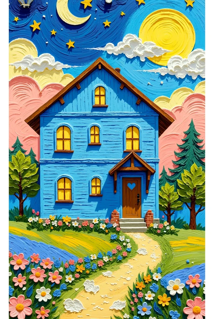 Draw a blue house ， has a door and a path leading to it, A detailed painting by Yi Inmun ,  Behance Contest winning work , Simple Art, Whimsical Art, According to Van Gogh's style, detailed painting 4k ,  just a joke , Wonderful fantasy landscape art , House background, 充满活力的水粉画风景,  baroque painting .  starry sky , artwork