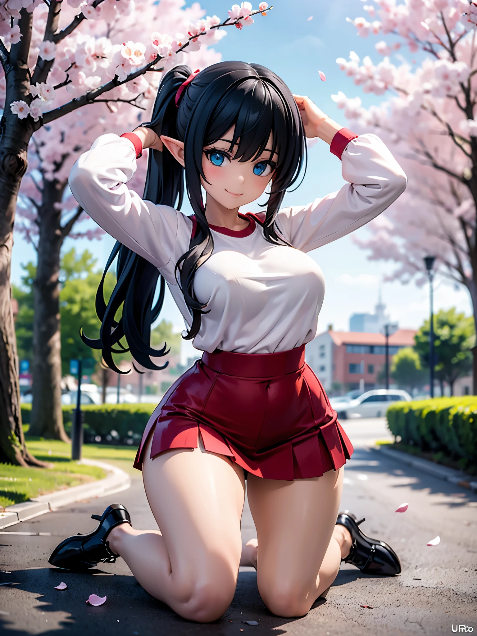 Detailed image, realistic image, coherent image, 1 elf. She has long black hair combed in 2 pigtails, blue eyes. She is smiling sensually. She has a curvy body, medium breasts, wide hips and thick thighs. She is dressed in a red long-sleeved T-shirt and pleated mini skirt, stockings to mid-thigh. Kneeling with legs spread, arms raised playing with her hair and sprouting breasts. Urban background full of buildings, cherry trees and petals falling around her. Natural light, ambient light, detailed shadows,