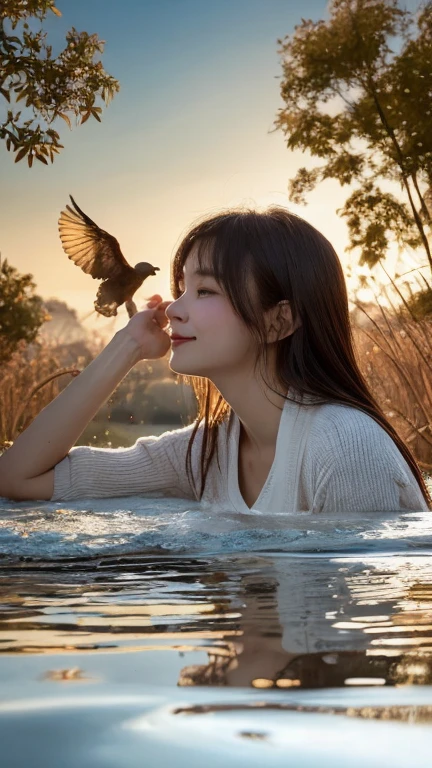 best quality, realistic, boat, 1girl, laugh , (birds on the boat)