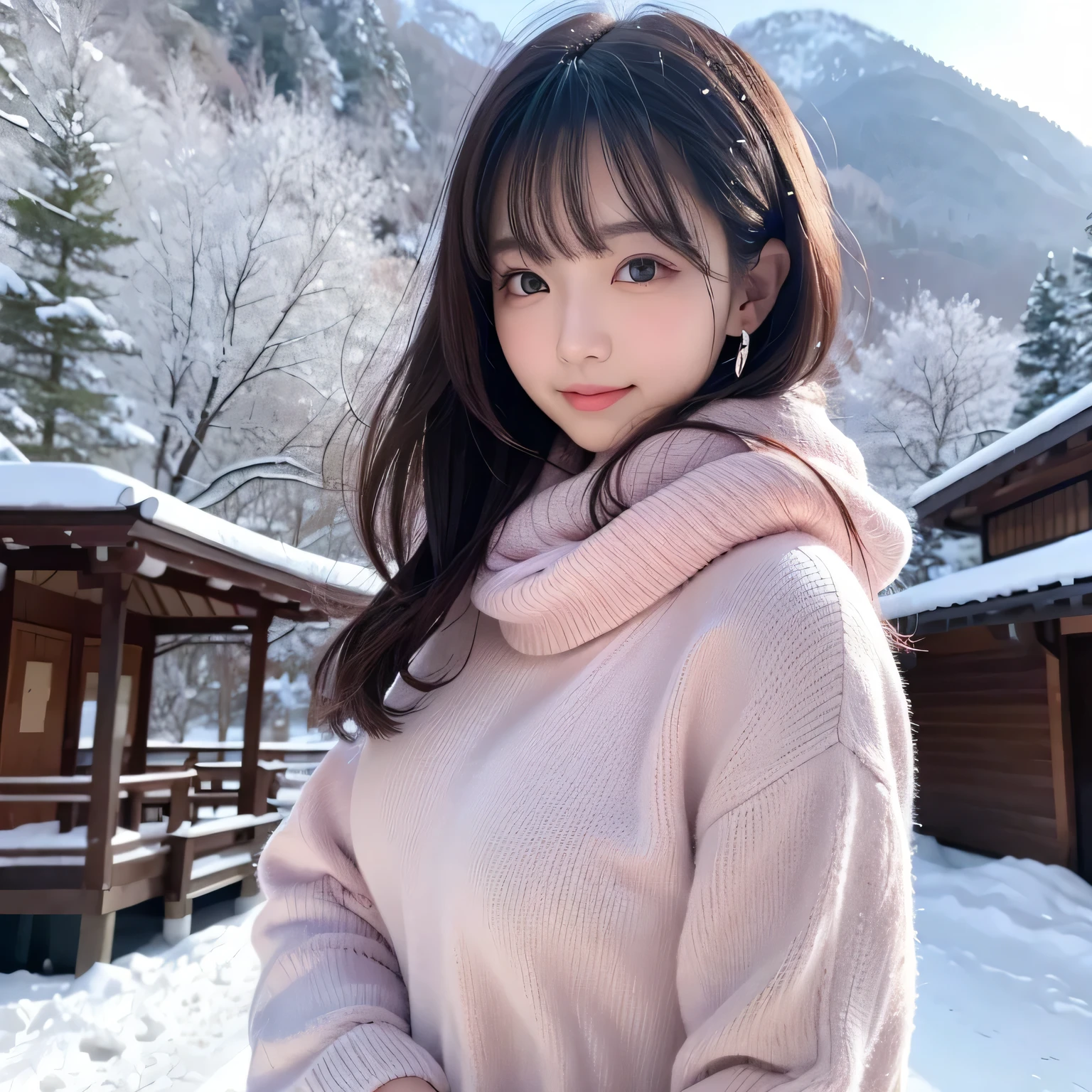 (one very cute face like an idol),,Looks like a young face、20-year-old female、Gentle and cute、、whole body、RAW Photos、Genuine、Artistic、(High level of artistry)、High quality that is indistinguishable from real life、realism、Real Stick、High resolution、masterpiece,,, , (highlighting cheerful expression), belly slightly exposed,, medium breast, (hakkoda mountain), (wearing pink snow mini outtfit), ,black scarf on neck , earring, japanese bob cuthair,, winter, smiling, pretty bang, view from side, nice tight
