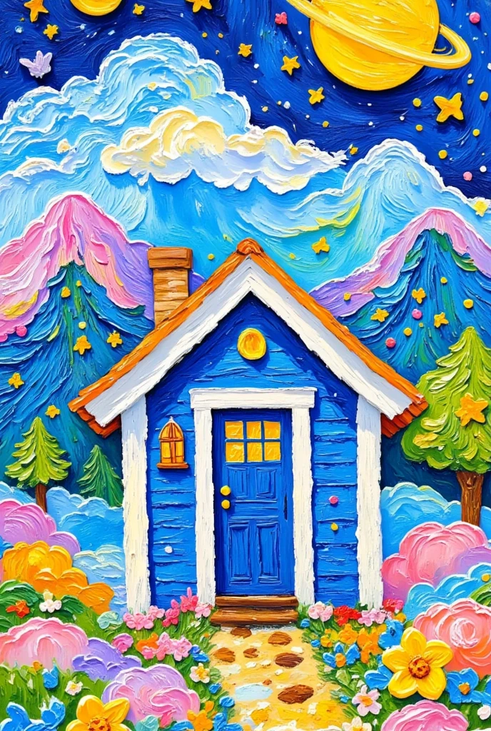 Draw a blue house ， has a door and a path leading to it, author：Yi Yinwen, Whimsical Art, Simple Art,  by Bencho Obreshkov , According to Van Gogh's style, detailed painting 4k ,  just a joke , Wonderful fantasy landscape art , author：Camille Bombois, author： Bohumil Cubista , House background