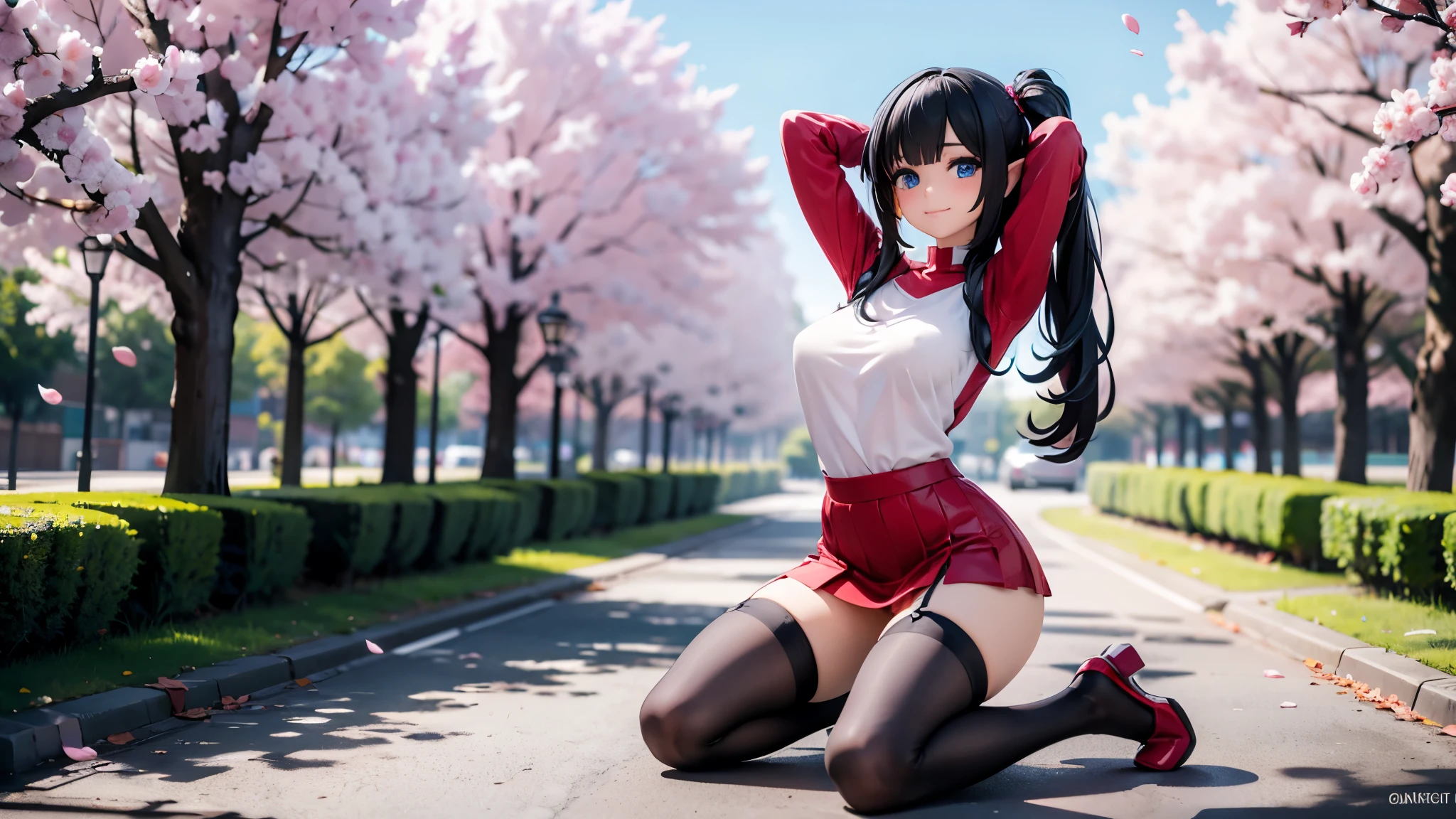 Detailed image, realistic image, coherent image, 1 elf. She has long black hair combed in 2 pigtails, blue eyes. She is smiling sensually. She has a curvy body, medium breasts, wide hips and thick thighs. She is dressed in a red long-sleeved T-shirt and pleated mini skirt, stockings to mid-thigh. Kneeling with legs spread, arms raised playing with her hair and sprouting breasts. Urban background full of buildings, cherry trees and petals falling around her. Natural light, ambient light, detailed shadows,