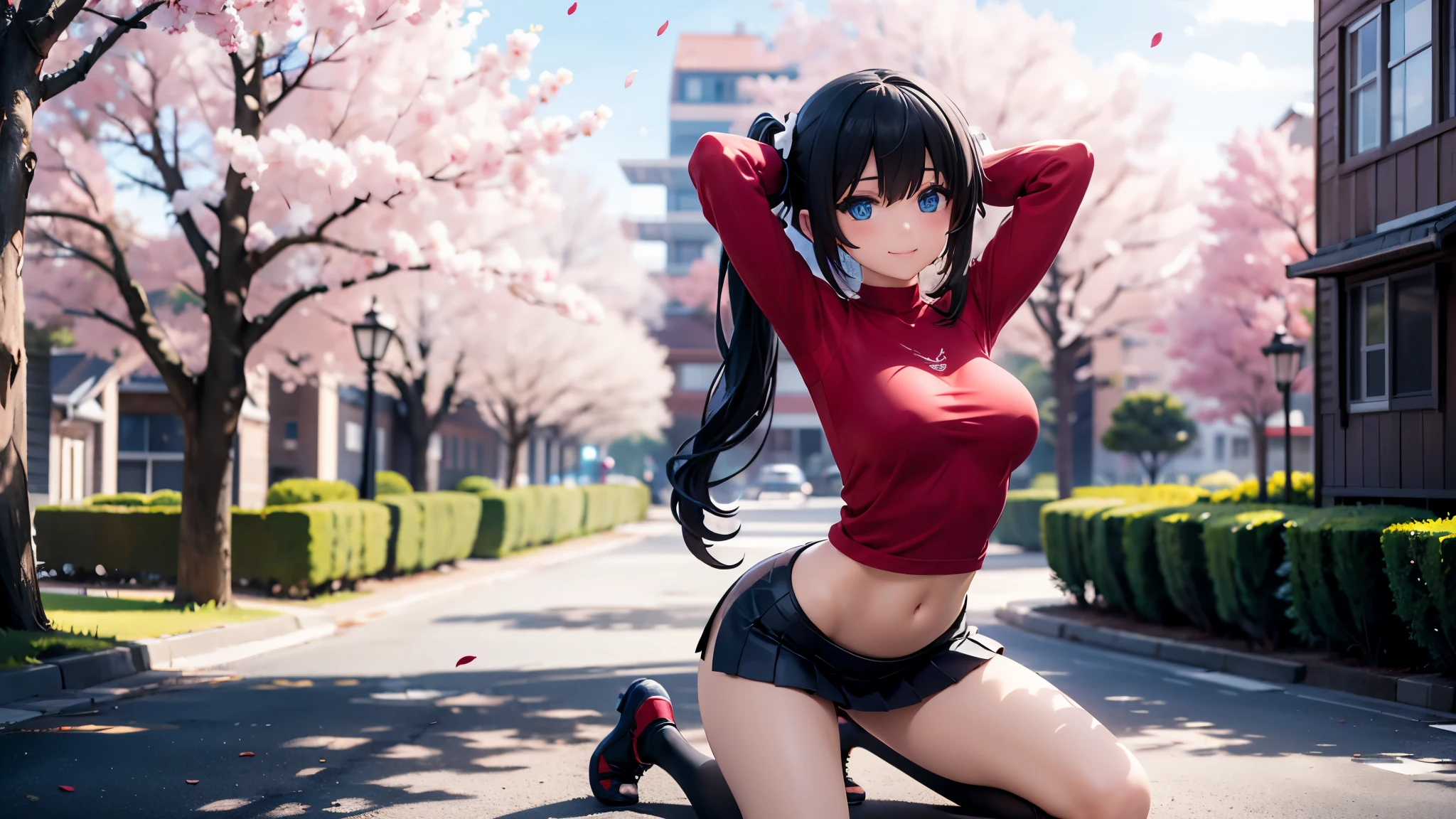 Detailed image, realistic image, coherent image, 1 elf. She has long black hair combed in 2 pigtails, blue eyes. She is smiling sensually. She has a curvy body, medium breasts, wide hips and thick thighs. She is dressed in a red long-sleeved T-shirt and pleated mini skirt, stockings to mid-thigh. Kneeling with legs spread, arms raised playing with her hair and sprouting breasts. Urban background full of buildings, cherry trees and petals falling around her. Natural light, ambient light, detailed shadows,