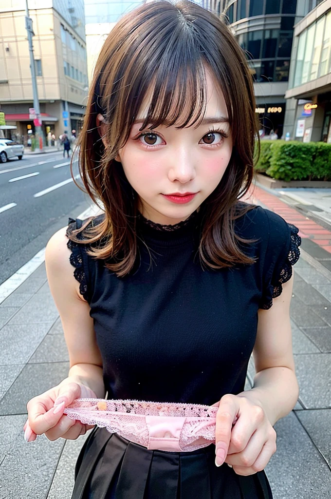 (8k, RAW Photos:1.2),Detailed face and eyes,最high quality, 超A high resolution, Very detailed ,Intricate details ,Tabletop ,pretty girl , Soft cinematic light, Hyper Detail,Sharp focus, high quality,Black-haired, Bobcut, outside, knit, panties, Peeking from below