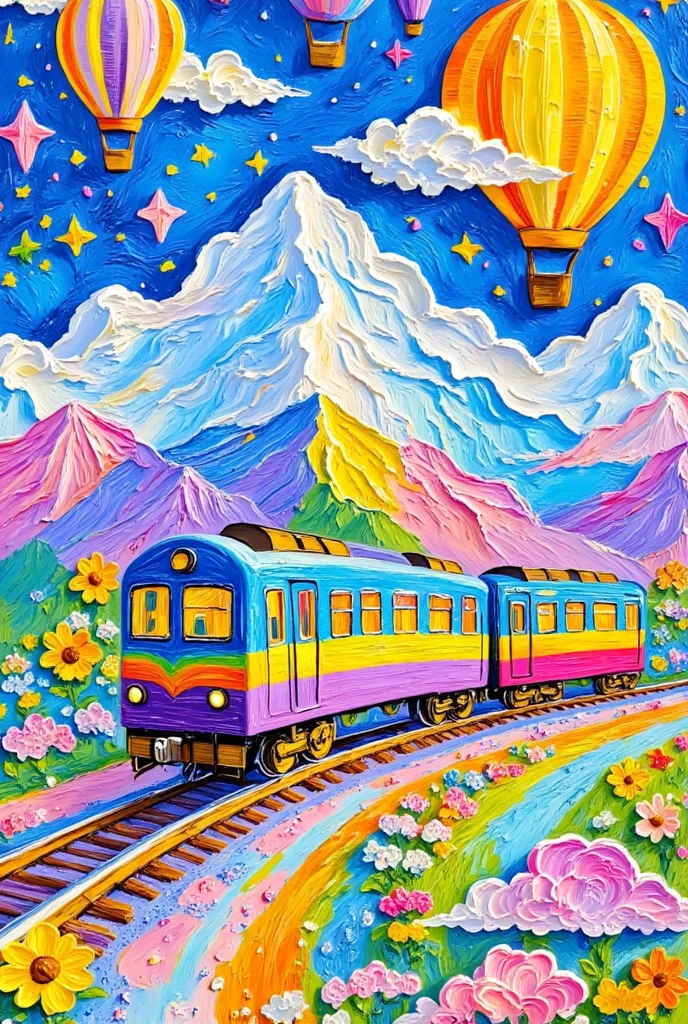  A painting of a train traveling along a track with mountains in the background,  traveling through the mountains , 充满活力的水粉画风景, Detailed Dreams,  colorful scene , Wonderful fantasy landscape art ,  Colourful landscape painting , Psychedelic Landscape, Magical Landscape, Color Painting, Psychedelic ski resort ,  colorful oil painting ,  in the background is a mountain,  Magical Fauvism ,  Landscape Art Detail , Foam Landscape