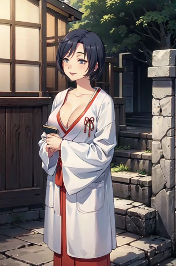 Wife Migui 3,Kamino-shi/Jinno Sumire , adult woman, attractive woman,Age 32, black hair, short hair ,bangs,clavicle,chest, clevis,White,placket,Scarlet hakama, socks,Sandals, background Japanese shrine,Outdoor,Cobblestone floor,smile, opens your eyes , red lips, closes her mouth, standing,Character portrait,Composition from head to knee, blurred background , 1 girl ,solo, Anatomically Correct,  high definition , accurate, 最 High Quality ,  high detail,  high definition model ,  High Quality ,  Ultra High Definition,  textured skin,  8k octane