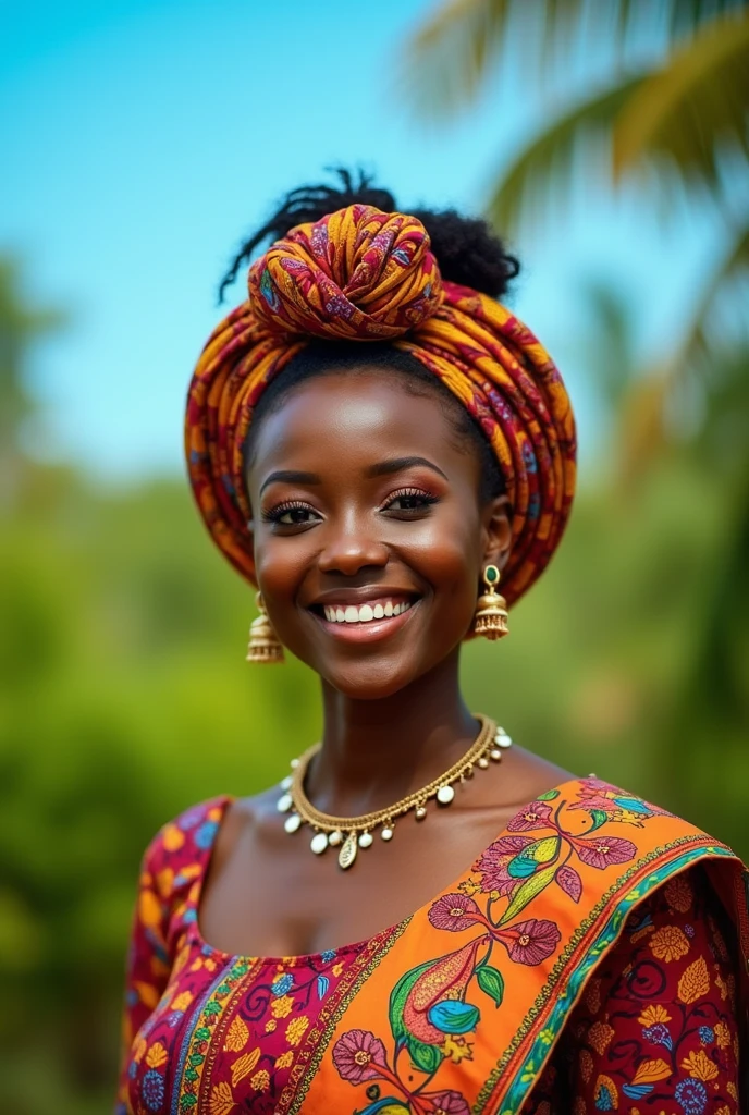 Generate an African Nigerian girl age 18 dressed in vibrant traditional attire. She might be wearing a brightly colored ankara cloth a piece tied to her chest and another piece tied to her waist. Her waist should be adorned with red bold Nigeria beads. She might also have traditional accessories like earrings, bracelets, and a headwrap that complements her clothing. The setting should be an outdoors kitchen with natural light, highlighting the vivid colors and textures of her attire. She is smiling and waving at the camera