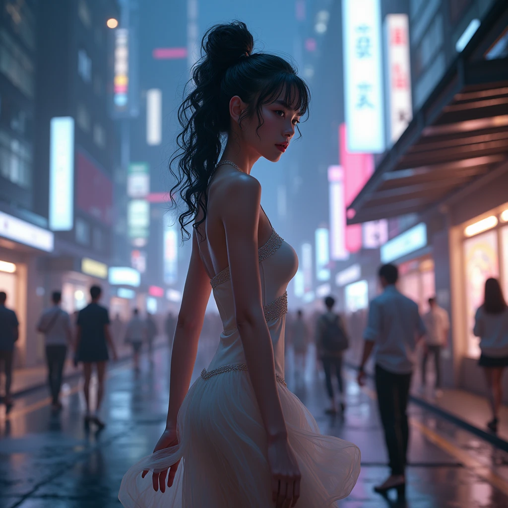 Crying on her knees in front of an anime Dragon Ball style pachinko parlor