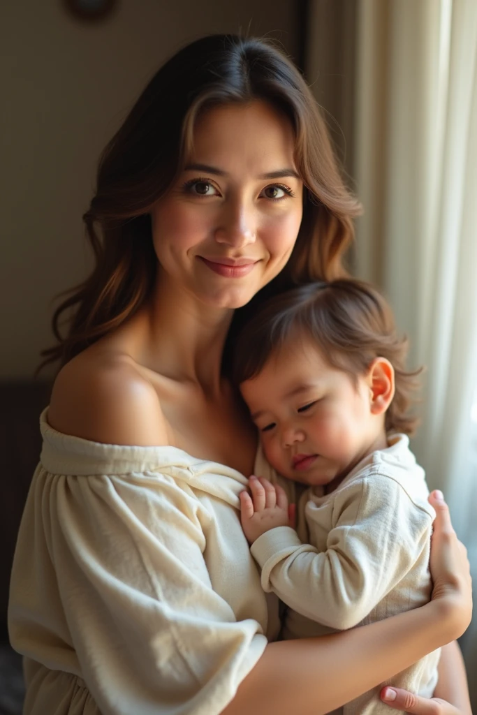 Caucasian、female、Brown Hair、Holding a baby