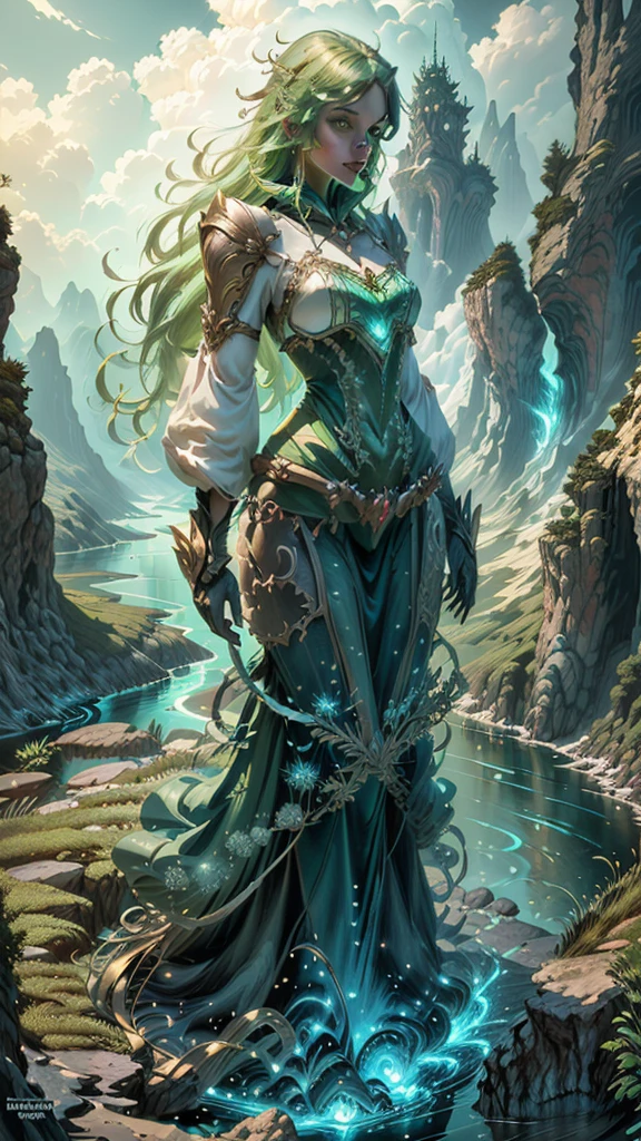 A woman in a green dress is standing on a cliff overlooking the river, 4k fantasy art,   Detailed Fantasy Art  ,     beautiful fantasy art    , highly   Detailed Fantasy Art  , High quality fantasy art,   8k fantasy art  ,   Artgerm Julie Bell Beeple  ,   detailed fantasy digital art  ,   Fantasy Style Art  , Mohrbach , peter Mohrbach style , very     beautiful fantasy art    