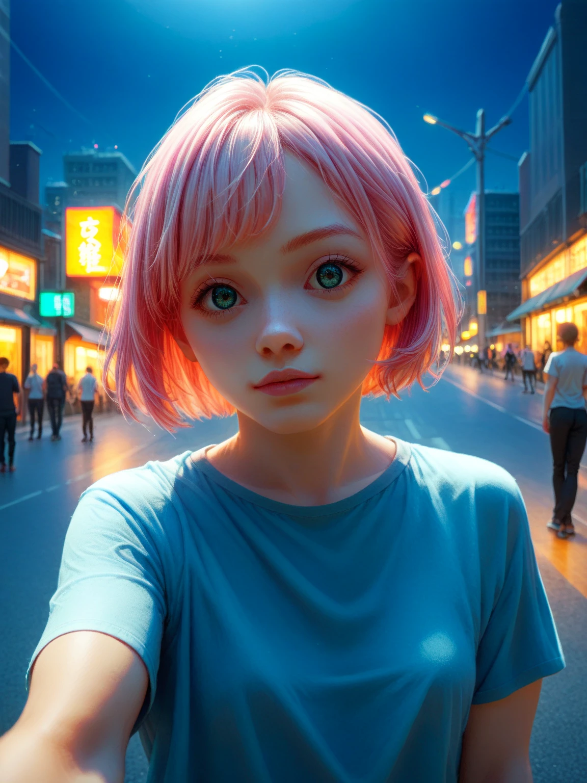 girl 21 years old, short shoulder-length hair, pink hair color, wearing a blue t-shirt, taking a selfie, city street in the background, it's night, low lighting, selfi