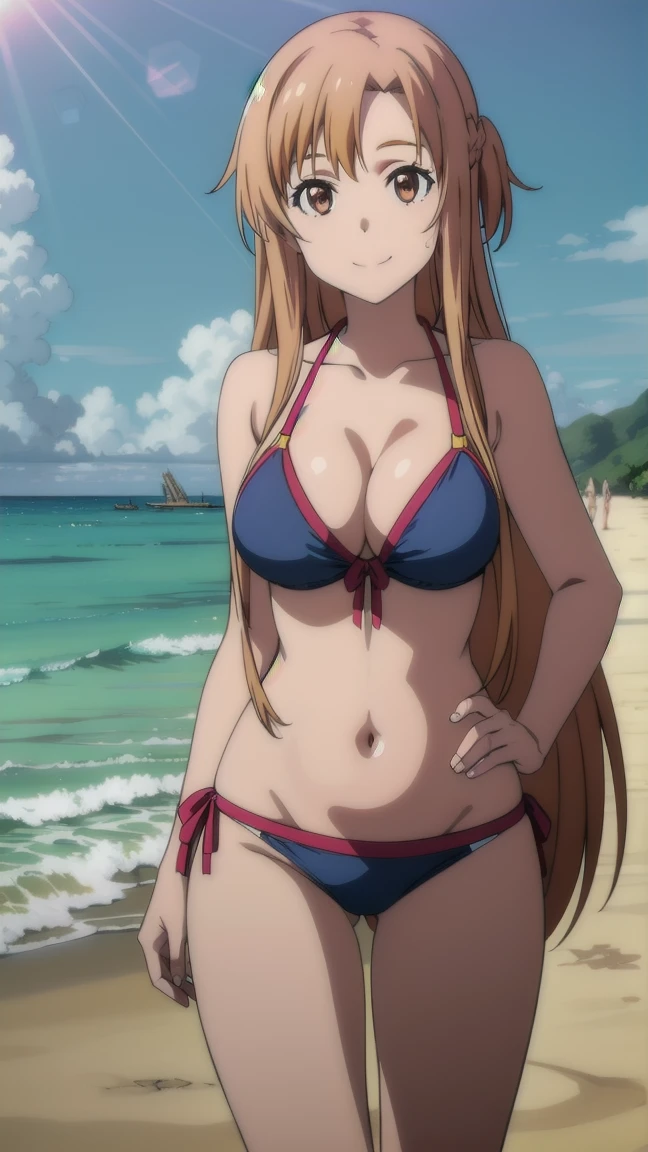  penetrates  body,  penetrates ,  long legs ,  mature female,  mature, 
 ,eft_Star_Asuna,  1 girl , Asuna (Star), Alone,  long hair, smile,  brown hair, clavicle, anime coloring,  woven , smile,  viewer, Blue Theme,  blue background,  cloudy sky, sunlight, sweat, Orgasmic, Open Zip Hoodie , bikini swimsuit,  Big Breasts ,  clevis,  out of your belly button, clavicle, Thighs, Ocean and Beach,