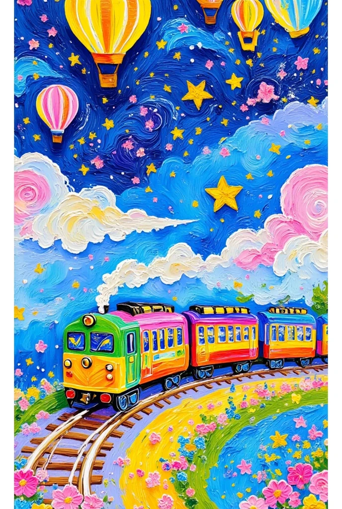   A beautiful illustration with the texture of oil painting， Rough texture  ，  hand drawn cartoon art style：Little train  ，Dream Starry Sky  