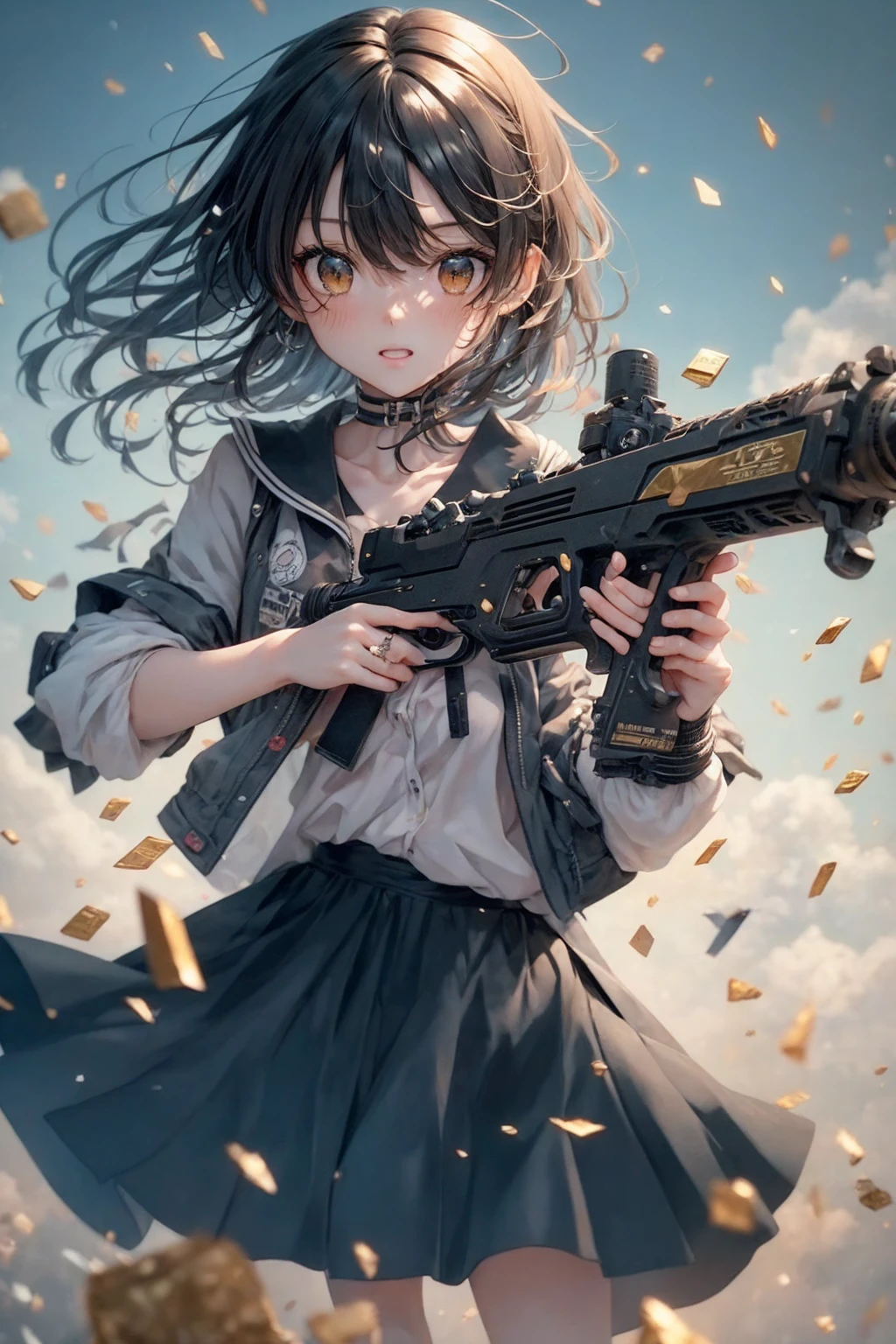 anime girl with a gun in her hand and a lot of gold falling around her, anime style 4 k, 4 k manga wallpaper, 4k anime wallpaper, badass anime 8 k, anime wallpaper 4k, anime wallpaper 4 k, anime machine gun fire, anime art wallpaper 4k, anime art wallpaper 4 k, anime art wallpaper 8 k, railgun