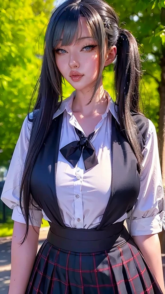 a slender young woman with long black hair styled in twintails, fair skin, striking features, intense dark eyes, white blouse, black vest, plaid hip skirt (school uniform), eating ice cream cone in the park, spills it on shirt, confused expression, hyperrealistic, 4k, 8k, highres, masterpiece, ultra-detailed, realistic, photorealistic, photo-realistic, HDR, UHD, studio lighting, ultra-fine painting, sharp focus, physically-based rendering, extreme detail description, professional, vivid colors, bokeh, portraits, photography
