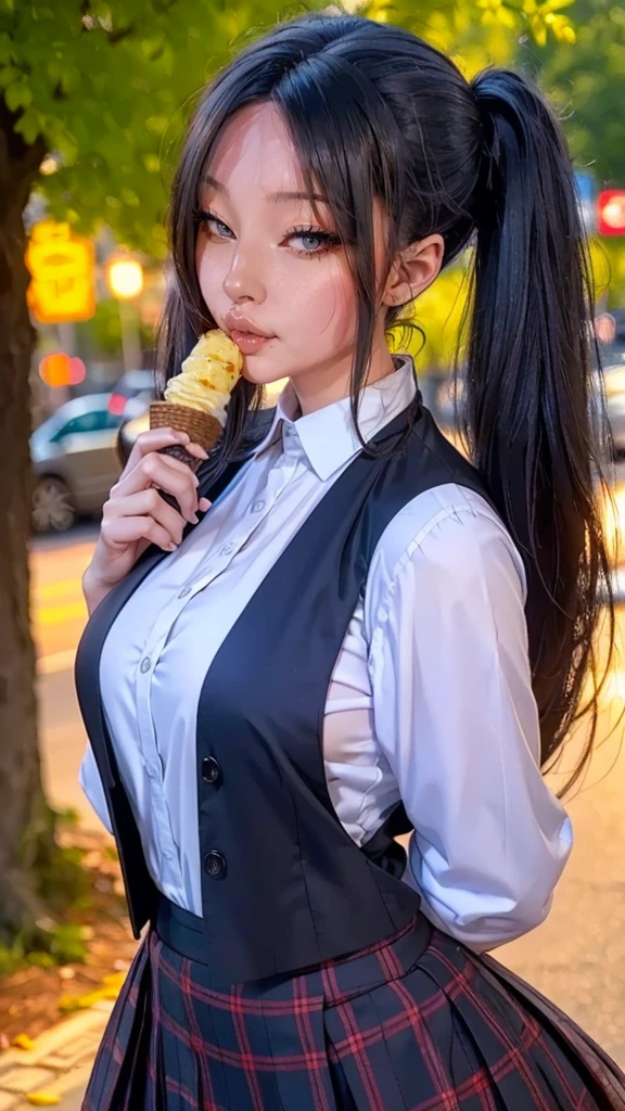 a slender young woman with long black hair styled in twintails, fair skin, striking features, intense dark eyes, white blouse, black vest, plaid hip skirt (school uniform), eating ice cream cone in the park, spills it on shirt, confused expression, hyperrealistic, 4k, 8k, highres, masterpiece, ultra-detailed, realistic, photorealistic, photo-realistic, HDR, UHD, studio lighting, ultra-fine painting, sharp focus, physically-based rendering, extreme detail description, professional, vivid colors, bokeh, portraits, photography
