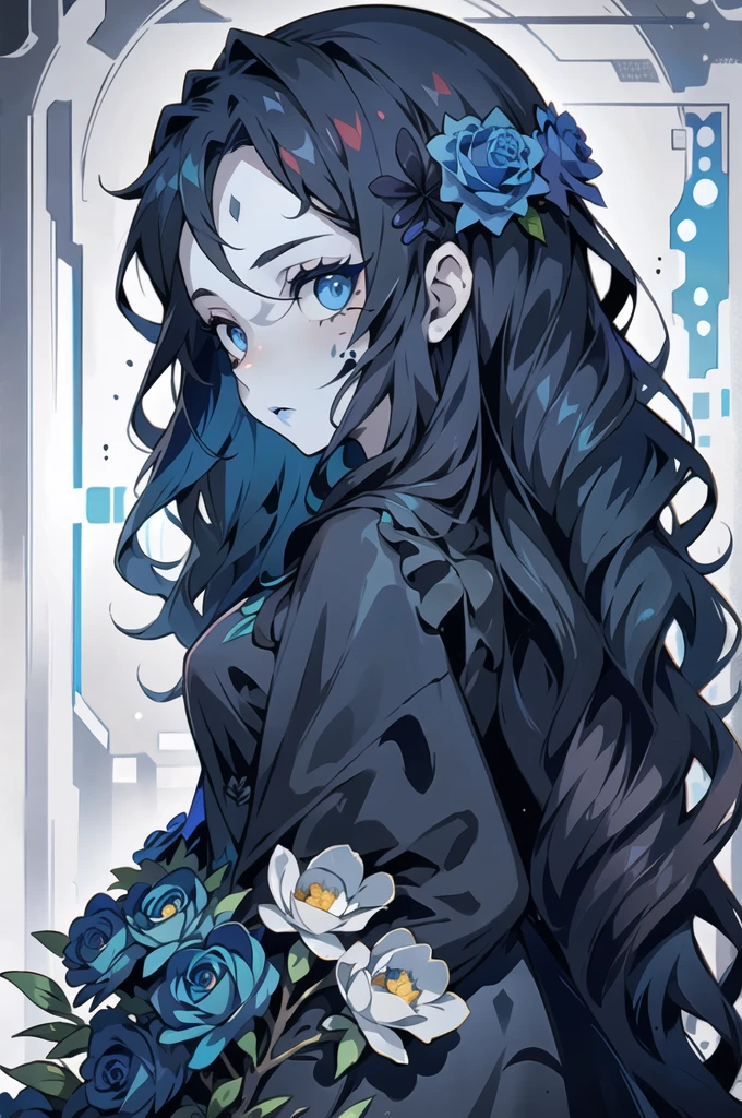 random core style,  1 girl , Alone,  long hair,  watch viewers,  blue eyes,  hair ornament,  dress,  upper body, flower,  hair flower, black  dress, from side, Aqua Eyes,  eyelash , compensate,  Rose,  colored skin,  wavy hair,  facial mark,  eyeshadow, Blue Flower,  skull bones, blue  Rose, stitch, Grey Skin, Undead,   Masterpiece ,  Official Art,  best quality ,  absurd,  very detailed, 