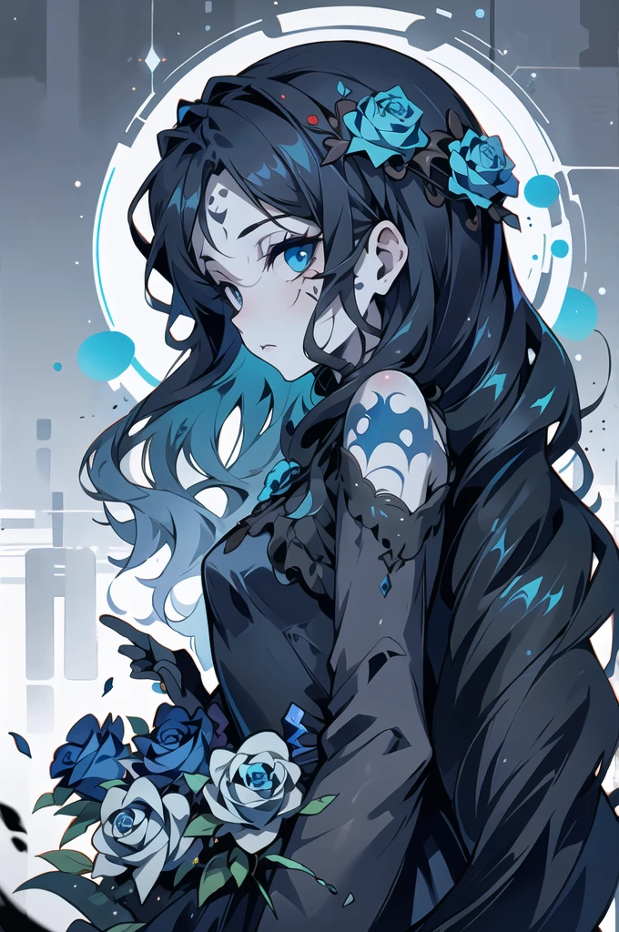 random core style,  1 girl , Alone,  long hair,  watch viewers,  blue eyes,  hair ornament,  dress,  upper body, flower,  hair flower, black  dress, from side, Aqua Eyes,  eyelash , compensate,  Rose,  colored skin,  wavy hair,  facial mark,  eyeshadow, Blue Flower,  skull bones, blue  Rose, stitch, Grey Skin, Undead,   Masterpiece ,  Official Art,  best quality ,  absurd,  very detailed, 