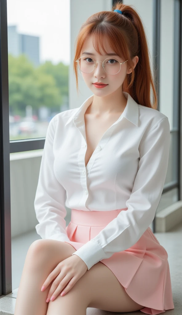 Gorgeous Thai woman is sitting. Sexy light red ponytail hair. Innocent, youthful facial features. natural makeup with coral lipstick, Round gold-rimmed glasses. Wearing white square neck shirt, white. A light pink, pleat mini skirt, revealing her beautiful legs and drawing the eye to her stylish stiletto heels that match the gleaming white of her outfit. Anatomically Correct, Big breasts,City, From Side, 