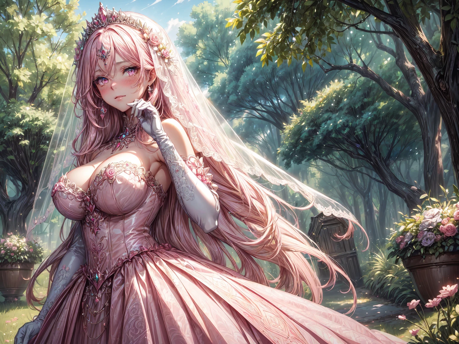 ((Superbly detailed drawing, ultra detailed, exquisite quality, absolutely resolution)), (((young face solo princess))), (((Unsurpassed gorgeous rococo victorian gown with voluminous huge hoopskirt and long hems, princess style skirt:1.5))), ((transparency gown, fluffy and full of pleats skirt:1.3)), (Super detailed and intricate exquisite design gown:1.5), ((overwhelming amount many ruffles with ribbons with intricate lace with Super detailed and intricate embroidery gown:1.9)), ((huge breasts, breasts cleavage)), (ponytail, fluffy long Expressive, hair pink hair), super voluminous long hair, hair ornament tiara, embarrassed, (((curtsey:2))), (blurry background, depth of field:1.5), super detailed skin, super delicate and beautiful face, (eyes blue eyes), (backlighting, particle effect, caustics), (((sharp focus))), ((lot's of colorful flowers, in fog forest:1.5)), (fisheye lens:1.2), (very wide shot, magnificent panorama view, dynamic angle:1.5), ((full body)), (looking viewer, looking up, from above, from front:1.5),
