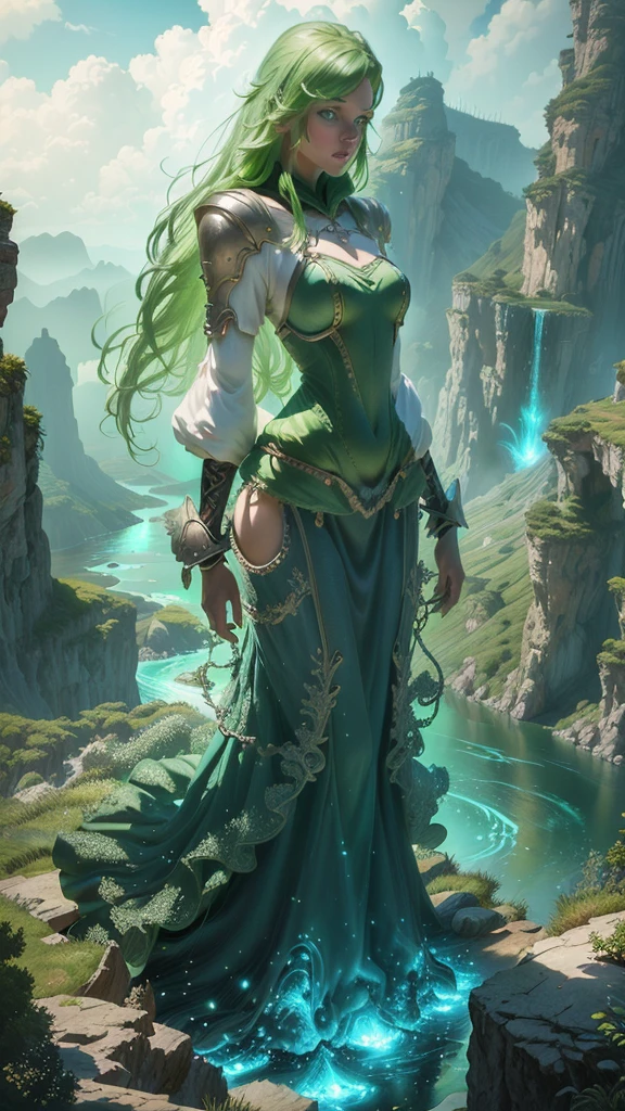 A woman in a green dress is standing on a cliff overlooking the river, 4k fantasy art,   Detailed Fantasy Art  ,     beautiful fantasy art    , highly   Detailed Fantasy Art  , High quality fantasy art,   8k fantasy art  ,   Artgerm Julie Bell Beeple  ,   detailed fantasy digital art  ,   Fantasy Style Art  , Mohrbach , peter Mohrbach style , very     beautiful fantasy art    