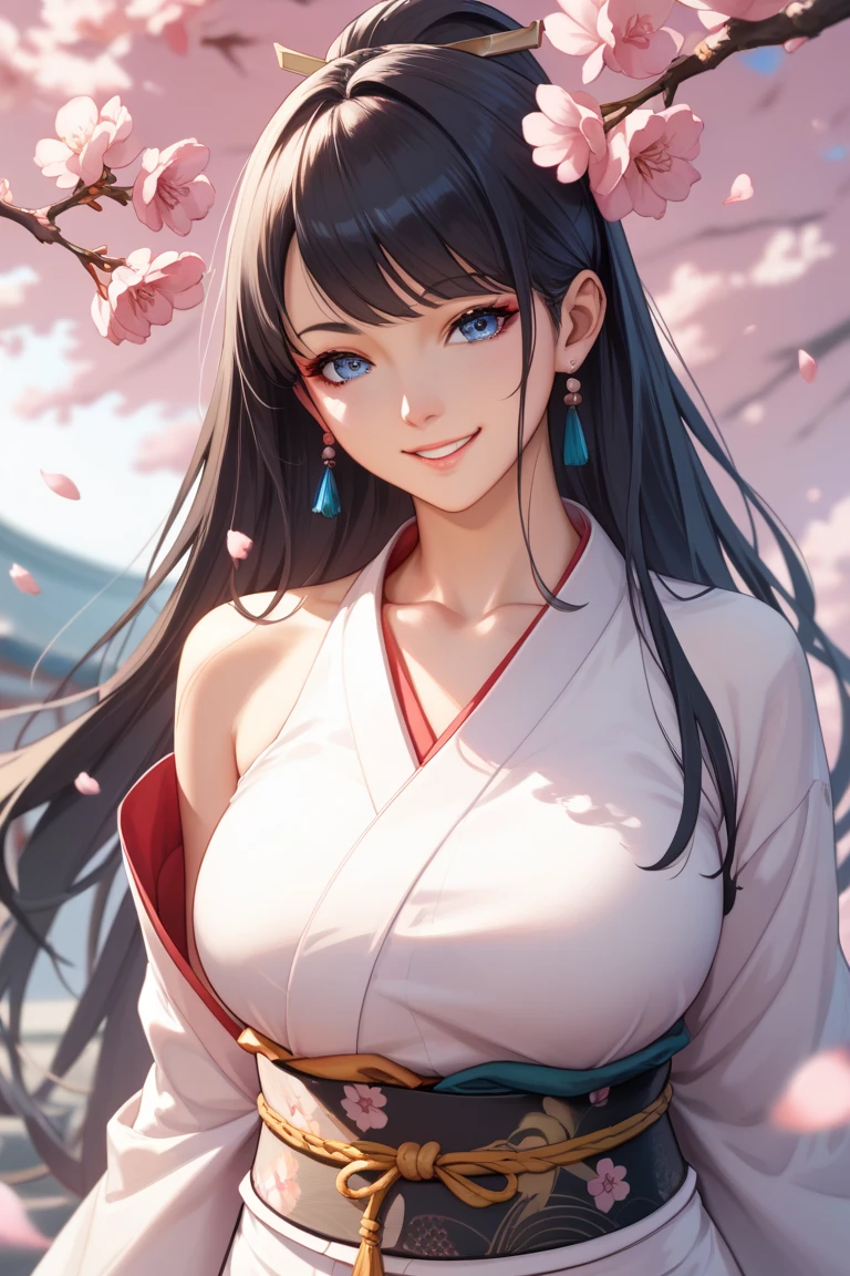 Adult woman, long black hair, blue eyes, white fox ears, open kimono, open chest, smile, masterpiece, high quality