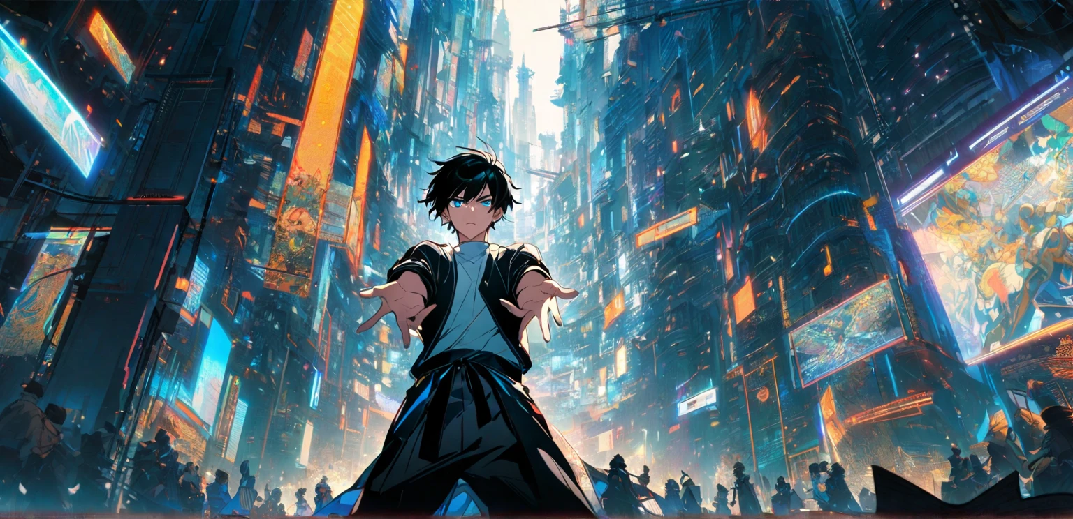 . This image shows an anime-style male character with short hair , , slightly messy black hair , Eye-catching blue eyes ,  and confident expression .  he designed. Cozy up in a black jacket over a white shirt, , , demonstrates modernity and style . , the character's gestures are animated , , with hands reaching out to the viewer , , as if he is reaching out or making an authoritative gesture. .

, a scene full of floating banknotes ,  rendered by fluorescent light. A little , , indicating a sense of wealth ,  prosperity ,  or even supernatural control of money . . The luminous border around it. The character's hands add an unusual atmosphere , . Emphasis is placed on his posture .

 in the background , , we will see a bustling city with tall buildings ,  The towering modern building stretches to a clear blue sky filled with soft white clouds..  The urban environment  ,  combined with the movement of the banknote and the confident posture of the character , . Makes the image look powerful and inspiring .  is at the bottom of the image ,  seems to have some stylish text element , , which is intended to highlight a theme or give the title, , , although partially obscured by the .

Overall, . The image conveys a theme of power , ,  and a connection to wealth ,  located in a prominent anime frame .