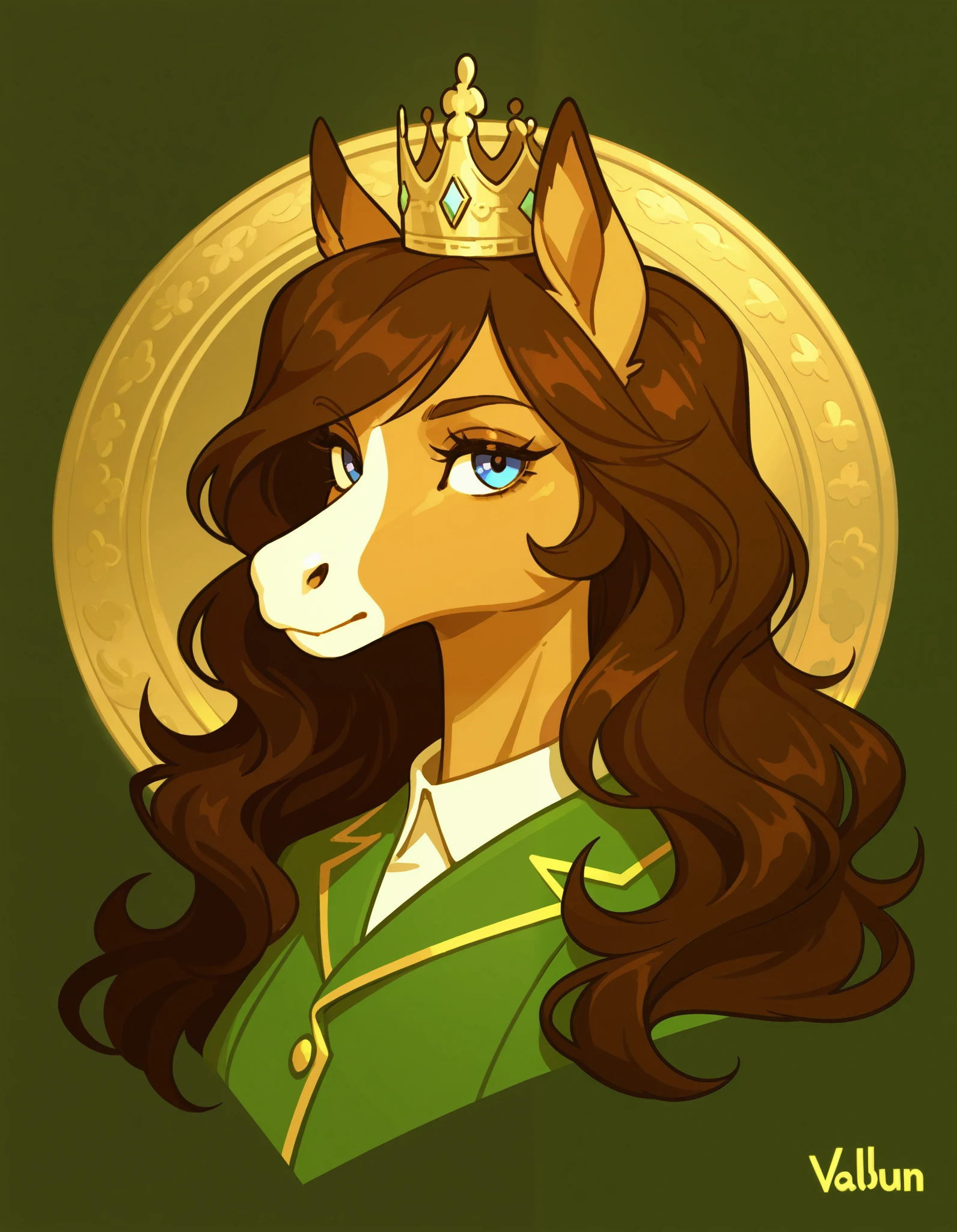 valbun, solo, anthropomorphic horse, 1 girl, furry female, furry horse, light brown fur, blue eyes, long snout, dark brown mane, green clothes with large yellow stripe, crown,