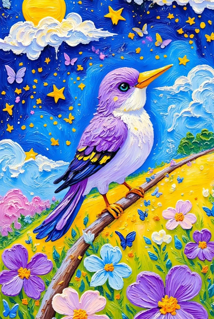   of a bird sitting on a branch blooming in a field, An acrylic painting by Paul Davis  , flickr, Decorative Art, lime and Purple, Purple和绿色, blue and Purple和绿色, John Parker, Purple和绿色 colors, Purple, Purple和蓝色和绿色颜色, Purple羽毛,  vibrant painting , 绿色和Purple,  bright morning light , Zen,  Vibrant nature 