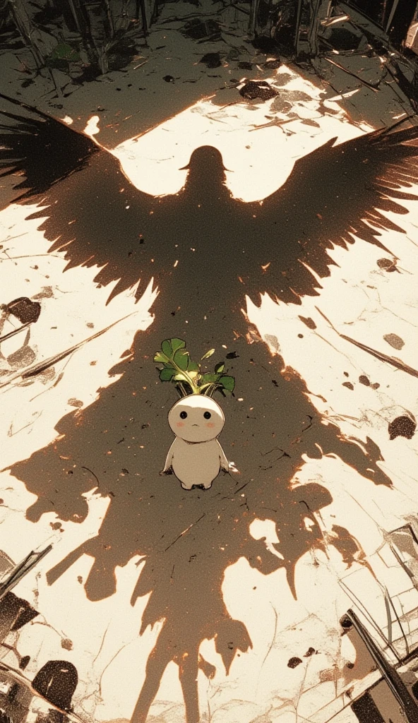 a small daikon on a farm being covered entirely by a giant flying bird's silhouette behind it. the bird in the sky covers the sunlight, causing everything in the foreground to be dark. the camera focuses on the daikon, with an extreme wide shot on the daikon to capture the silhouette of the bird. the daikon has a cute cartoony face, where it looks at the viewer, with a scared face. 