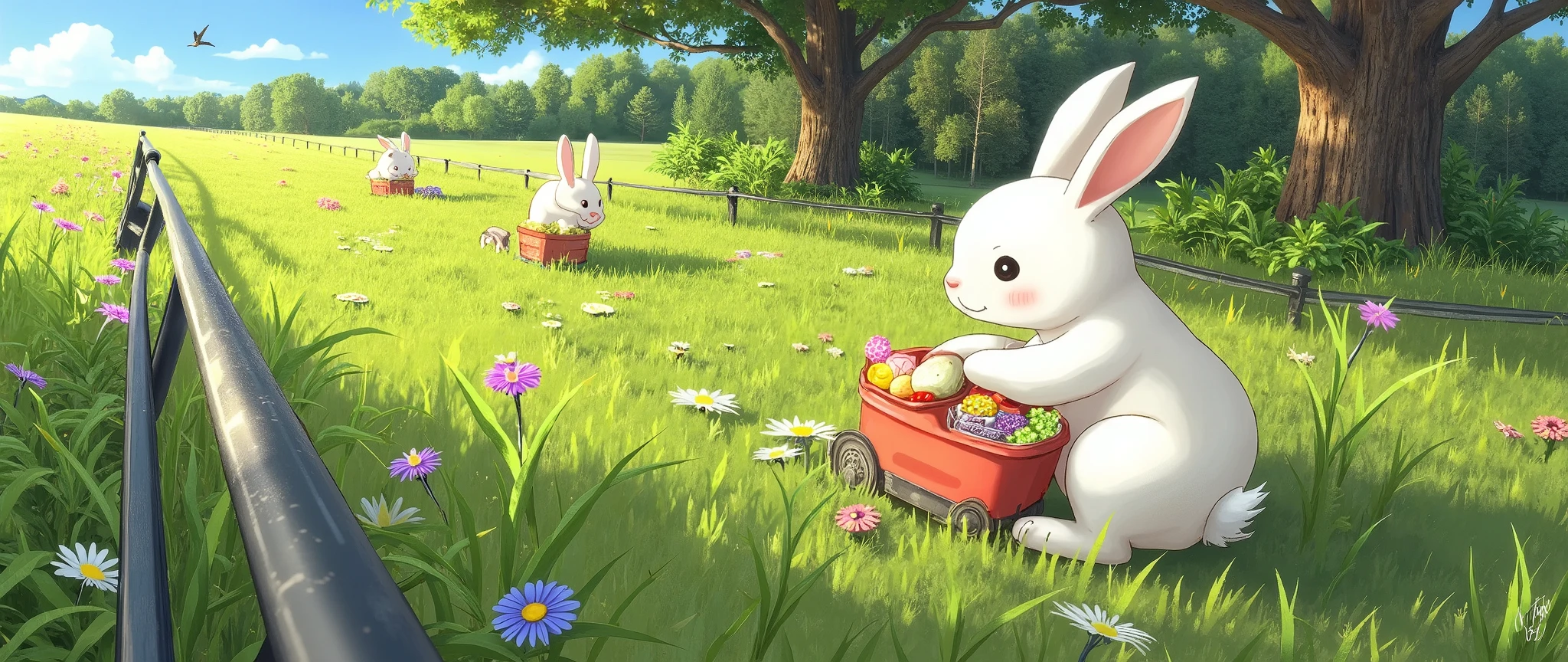 Aerial view of a summer field, several bunny girls(cute) are nervously eating herbs and flowers, the shadowy silhouette of a bird of prey passes over them