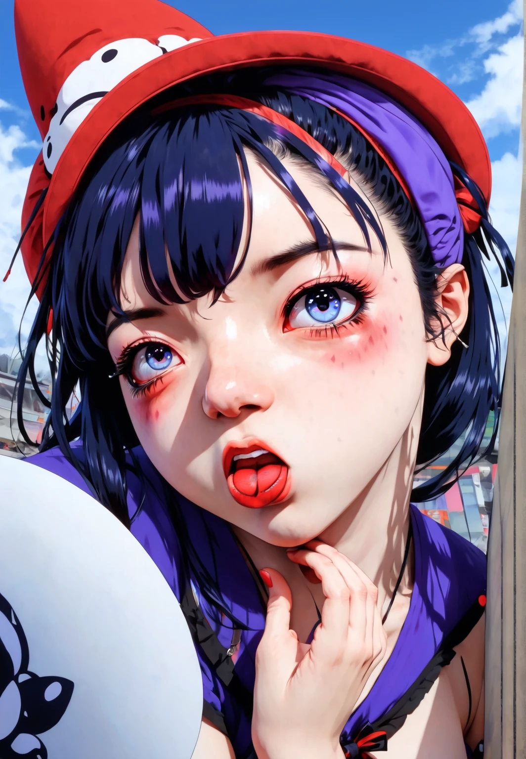 anime girl with a red hat and a big breast, Ahegao face, Ahegao, gapmoe yandere, digital manga art, SEMIREALIST anime style, realistic anime art style, crying and reaching with her arm, anime digital illustration, Manga illustration, detailed anime girl portrait, colored manga art, detailed realistic expressions, Ilya Kuvshinov's face, score_9, score_8_up, score_7_up, source_anime, ShinobuKochou, Shinobu Kochou, black hair, butterfly hair ornament, butterfly print, forehead, gradient hair, hair ornament, haori, multicolored hair, parted bangs, purple hair, short hair, two-tone hair, Micro Bikini, Big Breasts, Breasts focus, shota, shota penis, small penis, short boy, penis on face, penis over eyes, one eye closed, huge balls, ball worship, testicle sucking, submissive female, pov male, face blowjob