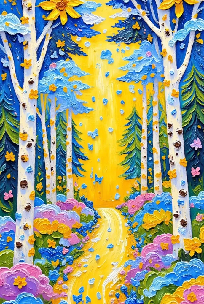 a painting of a path through a forest with trees and polka dot dots, whimsical forest, birch forest clearing, white birch, bright forest, bright nordic forest, white birch树, forest. 白树, candy forest,  forest，花朵为蓝色 , heavy birch forest, forest with flowers blue, Jane Newland,  的灵感来自斯坦利·唐伍德  "Lamorna " birch