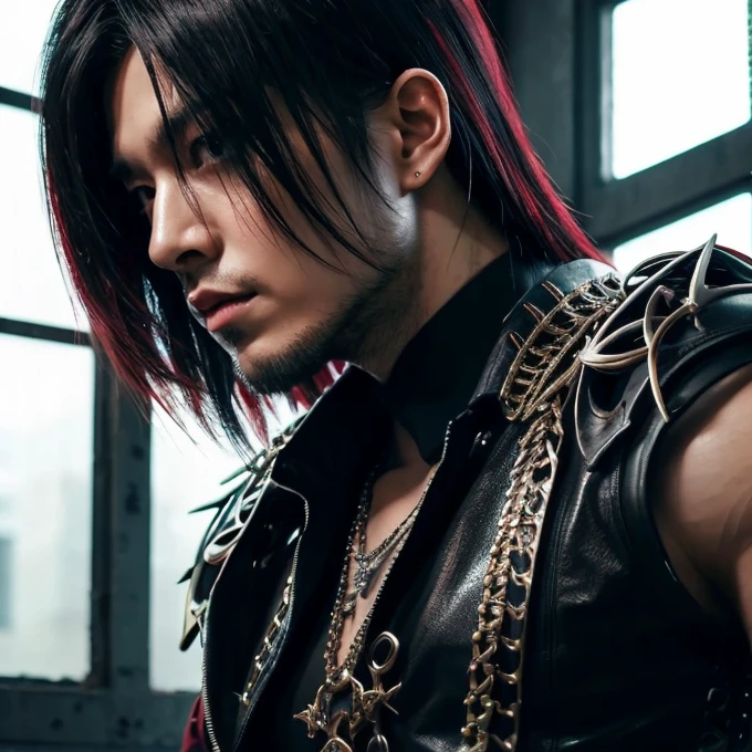 create a male anime character, 1.85 with a strong physical body and with a sword in the sheath, his clothes are just black pants and boots, he has crimson red eyes and black hair. (make a simple red background)