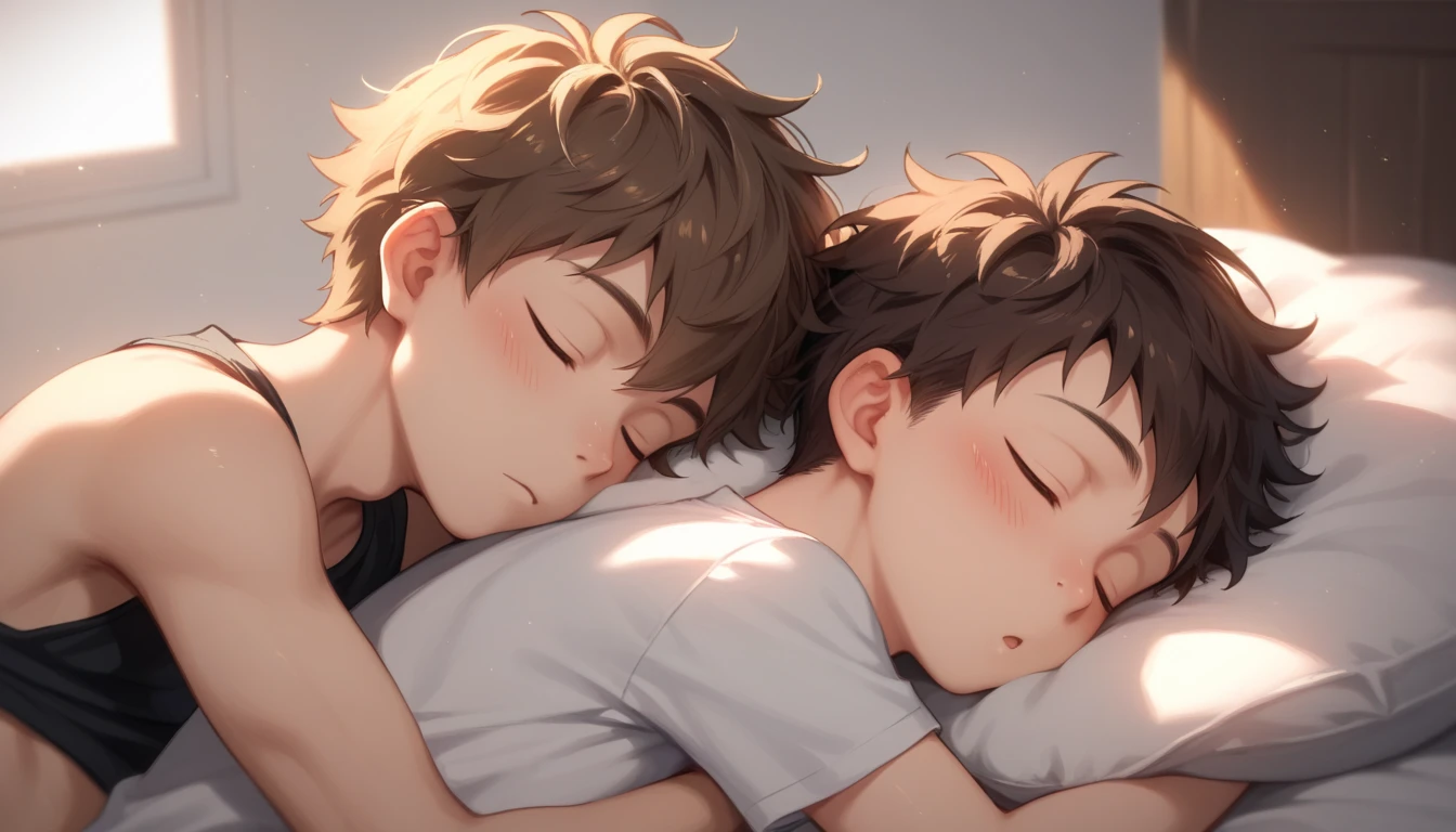 Two handsome cute kiid  boy 5yr,kiidnap,delicious expression,blush,messy short hair,blond hair and brown hair,from front,in class,kiid face,half naked,sleeping,fullbody,hd,4k,8k,dynamics lighting,perfect lighting,realistic