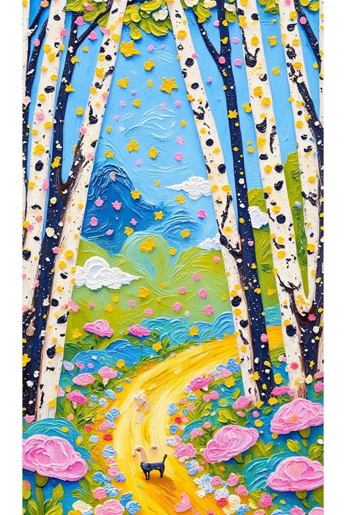 a painting of a path through a forest with trees and polka dot dots,   This is a picture that won the S J   "Stanley donwood " birch,  Behance Contest, Simple Art, whimsical forest, birch forest clearing, white birch, bright forest, bright nordic forest, white birch树, forest. 白树, candy forest,  Style Lamorna  