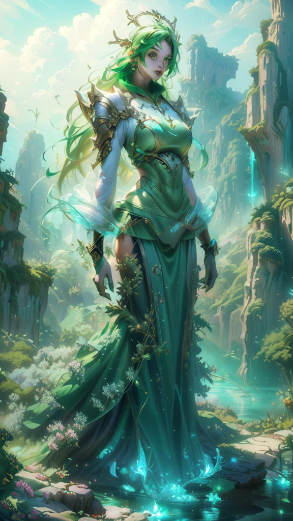 A woman in a green dress is standing on a cliff overlooking the river, 4k fantasy art,   Detailed Fantasy Art  ,     beautiful fantasy art    , highly   Detailed Fantasy Art  , High quality fantasy art,   8k fantasy art  ,   Artgerm Julie Bell Beeple  ,   detailed fantasy digital art  ,   Fantasy Style Art  , Mohrbach , peter Mohrbach style , very     beautiful fantasy art    