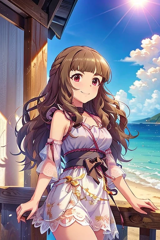  shiny brown hair on background, (Beautiful red eyes、輝く瞳, fine grain)、smile、 ultra-detailed eyes sandwiched between columns、 highly detailed face,  Extremely Detailed Eyes, cowboy shooting、
( high definition illustration :1.2),Anime standing on the beach where the sun shines , 
 cute girl ,  beautiful anime girls, smooth anime cg art, 
  official artwork , Charming anime ,,  long hair,Thick eyebrows