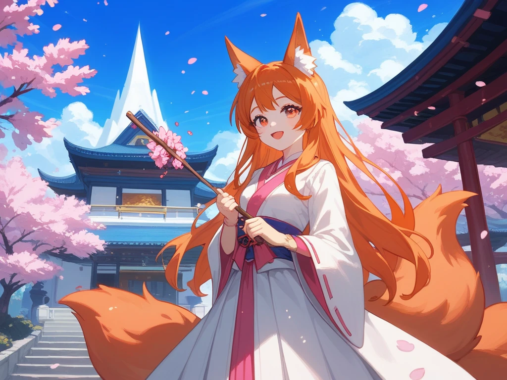  A kitsune girl, wearing a white dress and a long pink elegant magician's tunic above all. a kind smile. with orange hair and golden glitter eyes. holding a thin wooden stick in her hand, from which blue sparks come out. Standing in front of an old Japanese castle with a school aesthetic with several cherry blossom trees around it, which give a beautiful and peaceful atmosphere. With a volcano in the background. Soft anime style. 