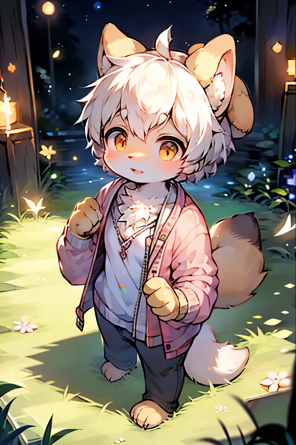 (masterpiece:1.2),(anatomically correct:1.1), high quality:1.3, (((solo male anthropomorphic))) kemono furry_transformation wolf fursona,1 wolf boy,silver fur, grass grey eyes, (yellow nose),white hands paws, white feet, canine hands, (detail canine feet:1.2),4 toes, black beans, detail beans,, ((1boy)),[digital painting \(artwork\)::0.8],boy, (solo:1.3), 4 toes, canine feet, reflection, countershading, (motion lines:1.1),shorts,baby pink hair, short hair,nsfw,kemono,shota,solo,cum out,single fluffy tail