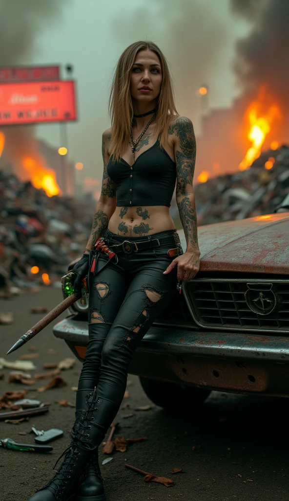 stands in a sprawling junkyard, her dark blonde hair with golden highlights streaked with grime and ash. Her porcelain skin, smudged with dirt, accentuates the bold, intricate tattoos winding across her body. She wears a torn, black leather bodysuit, dulled by grease, paired with scuffed combat boots caked in mud. A utility belt hangs low on her hips, holding tools and a dagger. Her staff, glowing faintly with runes, is planted firmly at her side. Her pose exudes confidence—leaning against a rusted car hood, one hand gripping the staff, the other resting on her hip. Her emerald-green eyes gleam with determination, a streak of soot cutting across her cheek. Behind her, towering heaps of crushed cars and twisted metal stretch endlessly, lit by the glow of distant industrial fires and flickering neon signs. Smoke and ash swirl in the air, creating an apocalyptic haze. The lighting is cinematic, with dramatic shadows and fiery orange highlights from the surrounding chaos. The shallow depth of field blurs the junkyard’s jagged chaos, drawing focus to Valeria's gritty, resilient beauty. This hyper-realistic scene captures the raw essence of survival, her fierce presence radiating power amidst the wreckage.