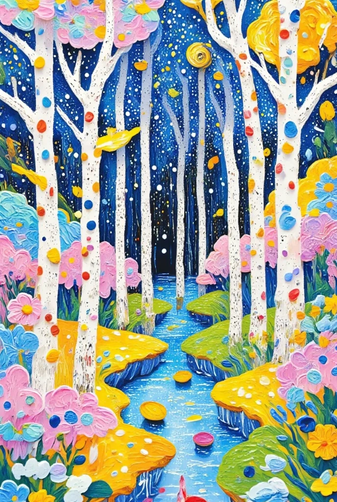 a painting of a path through a forest with trees and polka dot dots,   This is a picture that won the S J   "Stanley donwood " birch,  Behance Contest winning work , Simple Art, whimsical forest, birch forest clearing, white birch, bright forest, bright nordic forest, white birch树, forest. 白树, candy forest,  Style Lamorna  