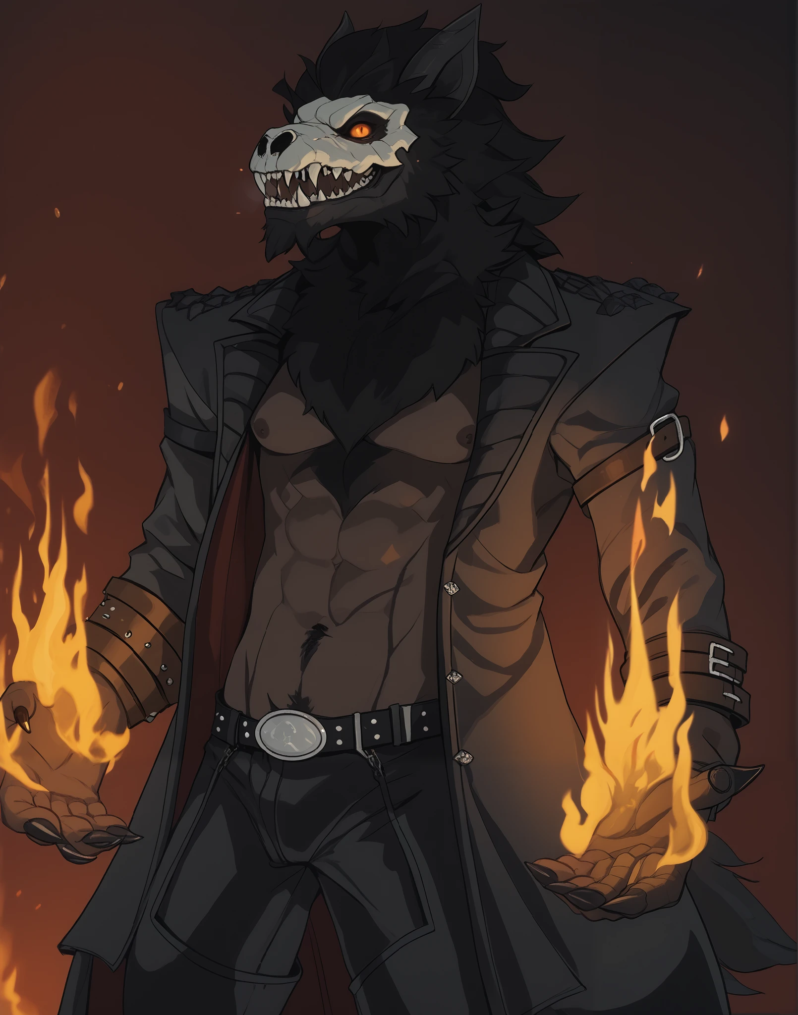 there is a drawing of a man with a demon face and a burning hand, beautiful male god of death, fire!! full body, as a badass monster hunter, punk grim reaper, ghost rider, human male demon, in style of heavy metal comic, full body concept, badass look, lord of cinder, detailed full body concept art, badass composition