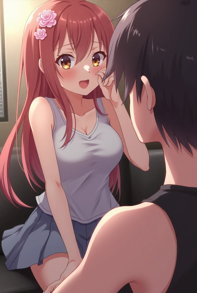 best quality, 1girl, 1boy, sex, implied sex, sex from behind, doggystyle, penis, sweat, trembling, blush, medium breast, red hair, orange hair, blue eyes, open shirt, white legwear, clothed sex, clothed girl nude boy,<lora:Doggyv0.2:0.9>