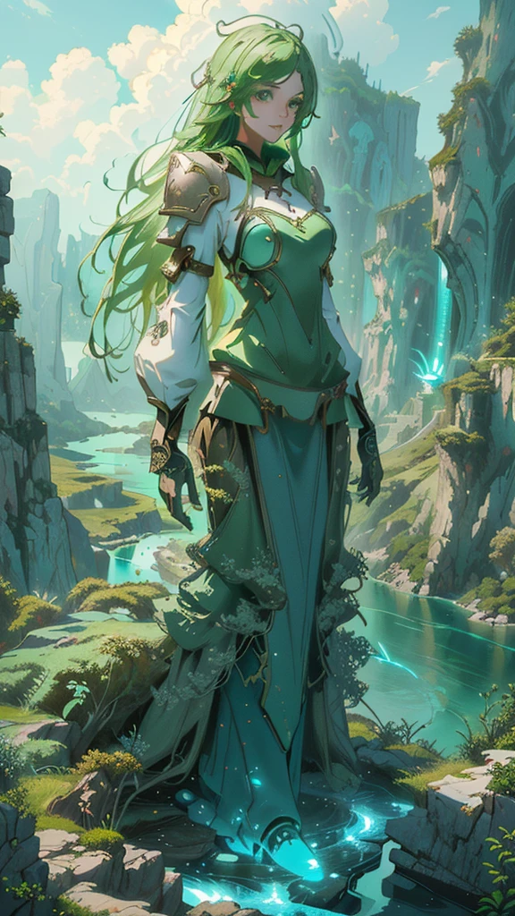 A woman in a green dress is standing on a cliff overlooking the river, 4k fantasy art,   Detailed Fantasy Art  ,     beautiful fantasy art    , highly   Detailed Fantasy Art  , High quality fantasy art,   8k fantasy art  ,   Artgerm Julie Bell Beeple  ,   detailed fantasy digital art  ,   Fantasy Style Art  , Mohrbach , peter Mohrbach style , very     beautiful fantasy art    