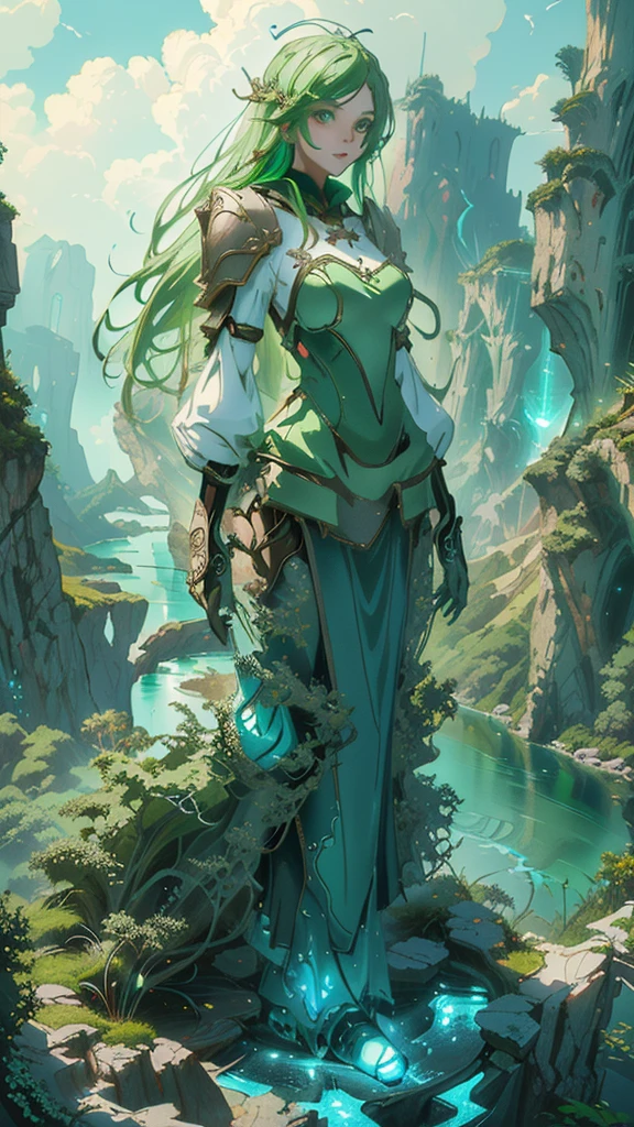 A woman in a green dress is standing on a cliff overlooking the river, 4k fantasy art,   Detailed Fantasy Art  ,     beautiful fantasy art    , highly   Detailed Fantasy Art  , High quality fantasy art,   8k fantasy art  ,   Artgerm Julie Bell Beeple  ,   detailed fantasy digital art  ,   Fantasy Style Art  , Mohrbach , peter Mohrbach style , very     beautiful fantasy art    